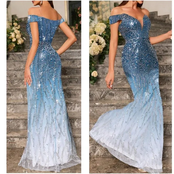 Ombre Sequin Off Shoulder Bodycon Party Formal Prom Wedding Dress - Picture 9 of 9